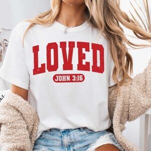 White T-Shirt with Red 'Loved' Print
